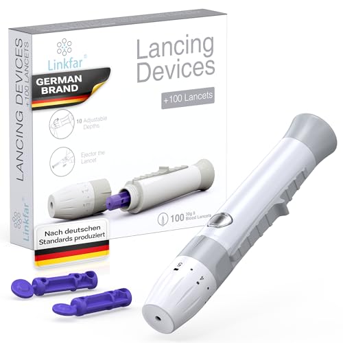 Linkfar Lanzetten 30G 100 Stück + Stechhilfe Set – Sterile Einweg Blutlanzetten für Blutzuckermessgerät & Diabetes Test