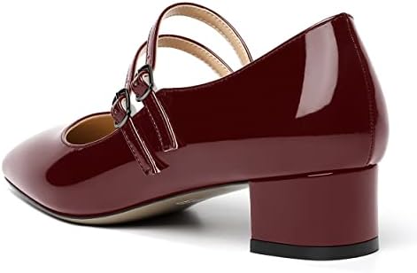 SHOWFOREST Women's Slip On Mary Jane Cute Low Heel Chunky Square Toe Adjustable Strap Dating Patent 1.5 Inch Pumps Shoes Burgundy Size 8 - Tacones para Niñas | Image 6