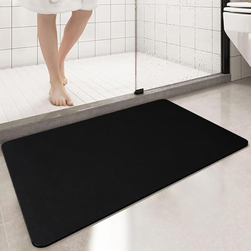 PROOVEELLY Diatomaceous Earth Bath mat Bathroom Rugs Super Absorbent Quick Dry Non Slip Bath Mat Thin Bathroom Floor Mats Fit Under Door-Shower Rug for in Front of Bathtub Shower Black 15.7x35.4