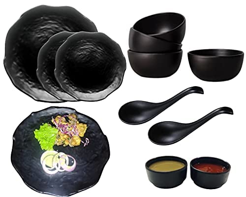 DECOR VIBES Melamine Matt Black Dinner Set for Kitchen, Dinnerware Sets for Dining Table, Serving Bowls and Tray (Zigzag Design, for 2 Person, Pack of 12 pcs)
