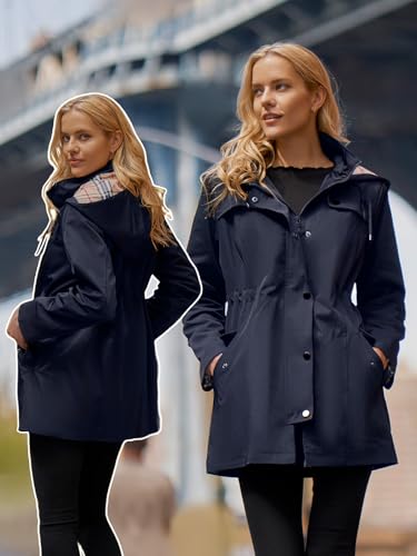 SaphiRose Langer Regenmantel für Damen, Outdoor-Regenmantel, Windbreaker, mit Kapuze (Marineblau, L)