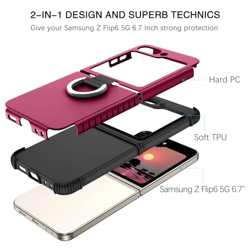 Image of BENTOBEN for Samsung Galaxy Z Flip 6 5G Case with Ring, Heavy Duty 2 in 1 Full Body Rugged Galaxy Z Flip6 Case Girls Women Boy Men Shockproof Protection Cover for Samsung Z Flip 6 6.7 inch,Wine Red