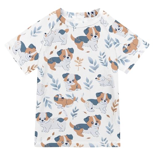 ALAZA Kids Rash Guard Boys Toddler Swim Shirts Short Sleeve Dog and Grass UPF 50+ 3T