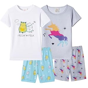 MyFav Big Girls Summer Pajama Set Heart Shape Printed Cute Sleepwear Shorts