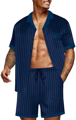 Ekouaer Men Satin Silk Pajamas Set with Pockets Sleepwear Shorts Satin Summer Loungewear 2 Piece Button Down Set S-3XL