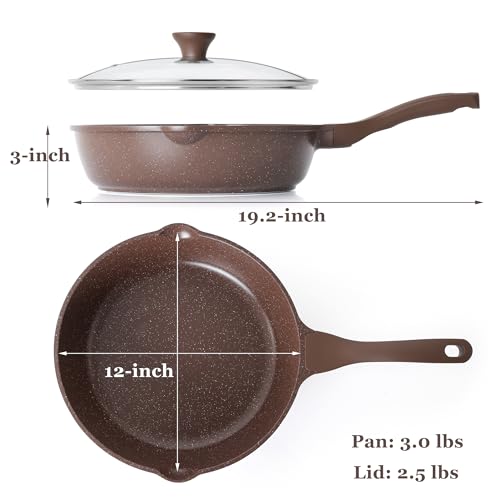 SENSARTE Nonstick Deep Frying Pan Skillet, 12-inch Saute Pan with Lid, Stay-Cool Handle, Chef Pan Healthy Stone Cookware Cooking Pan, Induction Compatible, PFOA Free (Toffee Brown)
