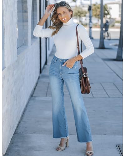 Image of GRAPENT Straight Leg Jeans for Women High Waisted Stretchy Frayed Raw Hem Loose Denim Pants Casual Baggy Jean Trousers