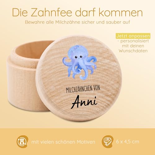 Bärenfreunde - Milchzahndose personalisiert aus Holz mit kinderfreundlichem UV-Druck - Zahndose Milchzähne als Erinnerung an die ersten Zähnchen (Tintenfisch blau)