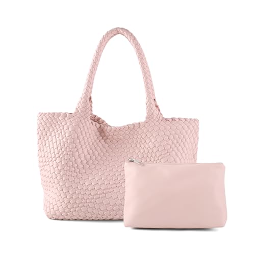 Image of Woven Tote Bag Womens Purse Vegan Leather Shoulder Handbags Fashion Summer Beach Tote Bags Large Travel Totes