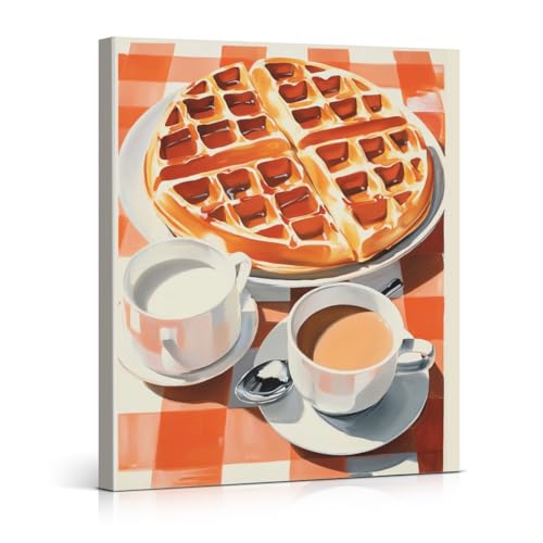 Vintage Waffle Coffee Kitchen Wall Art Print Retro Breakfast Poster Painting Wall Decor for Kitchen Dining Room Cafe 8x10 Canvas Framed