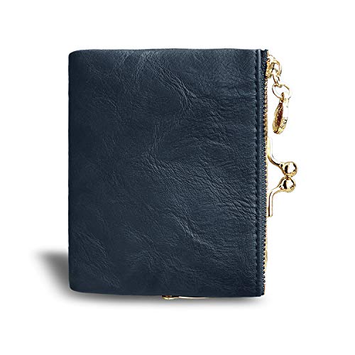 Image of AOXONEL Womens Wallet Small Rfid Ladies Compact Bifold Leather Vintage Coin Purse With Zipper and Kiss Lock, Blue, Small, Rfid Wallet