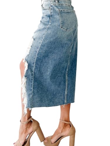 Women's Preppy Ripped Slit Denim Skirt Frayed Raw Hem Asymmetrical Trendy Midi Jean Skirts2