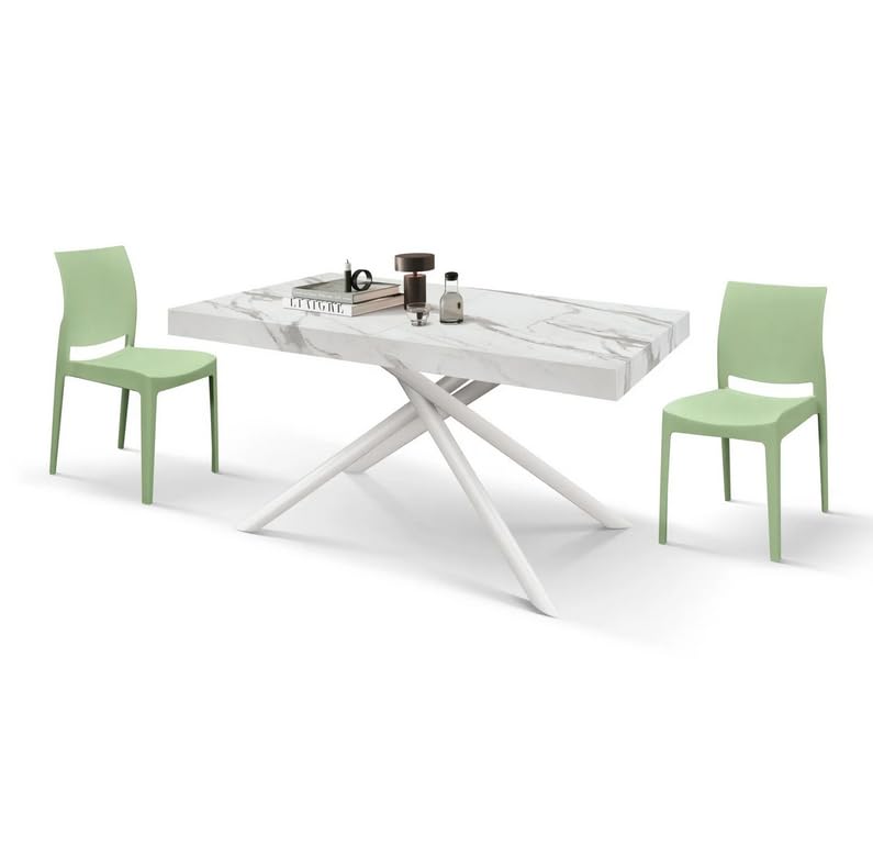 KONTE.DESIGN Tavolo CARRARA in legno, finitura bianco statuario e gambe in metallo bianco, allungabile 160x90 cm - 240x90 cm