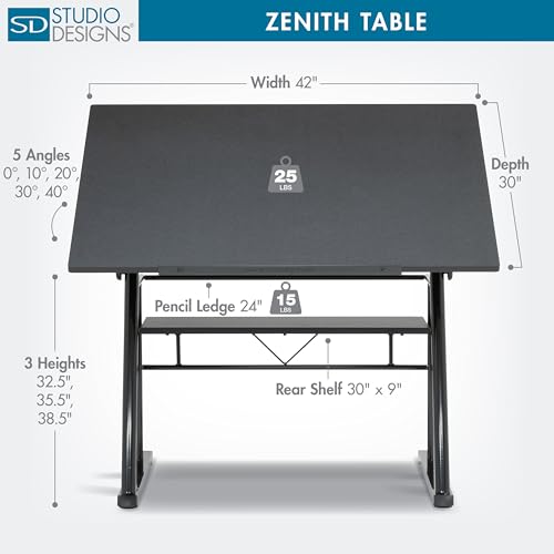Studio Designs Zenith Height Adjustable Drafting Table with Shelf in Black, 42" W X 30" D