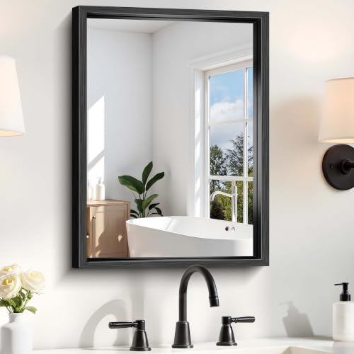Image of Bathroom Mirror, 18 x 24 inch Brushed Black Metal Frame Rectangular Vanity Mirror, Wall Mounted Rectangle Mirror for Bedroom Living Room, Tempered Glass, Antirust, Horizontally or Vertically