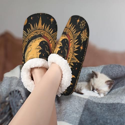 Slippers for Women Ethnic Sun Moon Warm Soft Cozy Warm House Slipper With Fuzzy Closed Back Anti-Slip Memory Foam Non Slip Sole for Indoor Bedroom Winter Ladies Shoes Medium 7-83