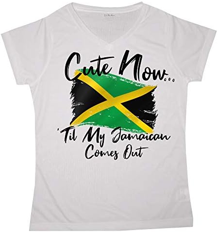 Cute Now Ladies Jamaica V-Neck T-Shirt Til My Jamaican Comes Out Womens White Short Sleeve Shirt Flag S-XXL (XX-Large)