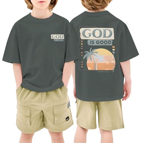 Image of KEEVICI Boys God is Good Shirt Christian Faith Shirts for Kids Jesus Beach Palm Tree Hawaiian Tshirt Graphic Tees Cotton Tops