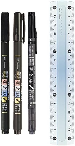 Tombow Brush Pen Fudenosuke Set of 3 Soft + Hard Tip (Black) + Dual Brush Pen (Colour Black + Grey) Includes Ruler