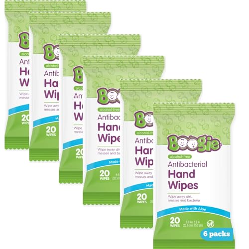 Antibacterial Hand Wipes by Boogie, Alcohol Free, Hypoallergenic and Moisturizing Aloe, Hand Wipes for Kids and Adults, 6 Packs of 20 (120 total wipes)
