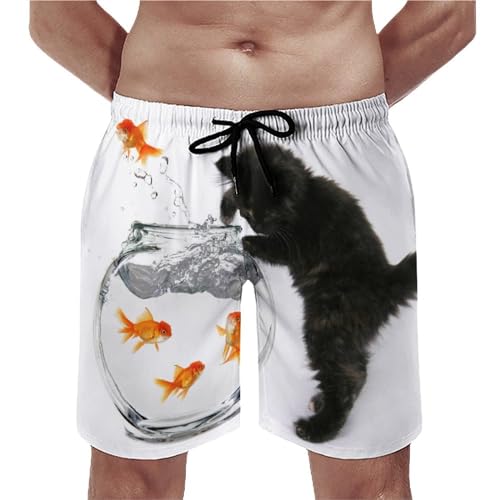 Short de bain homme à séchage rapide : maillot UMENG à motif chat et poisson rouge avec poches S