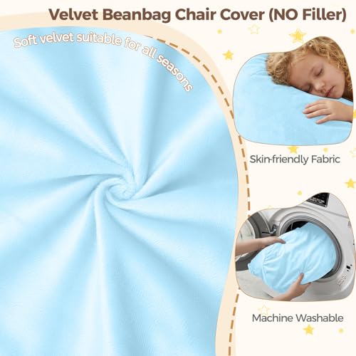 Image of Stuffed Animal Storage Bean Bag Chair Cover for Adults (No Filler), Soft Comfy Velvet Beanbag Chair Cover Machine Washable, Adults Bean Bag Chair with Handle for Living Room Bedroom,Light Blue