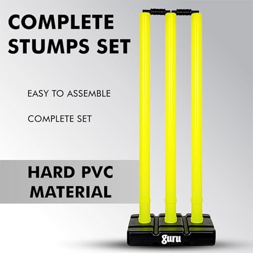 Image of Guru Cricket Wicket Set, Heavy Plastic Cricket Stumps Set - 3 Stumps + 2 Bails + 1 Base Stand