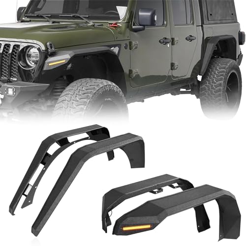 Hooke Road Gladiator JT Flat Fender Flares, Front & Rear Rugged Wheel Fenders w/LED Turn Signal Lights for Jeep Gladiator JT 2020 2021 2022 2023 2024 2025 Pickup Trucks - 4PCS Set
