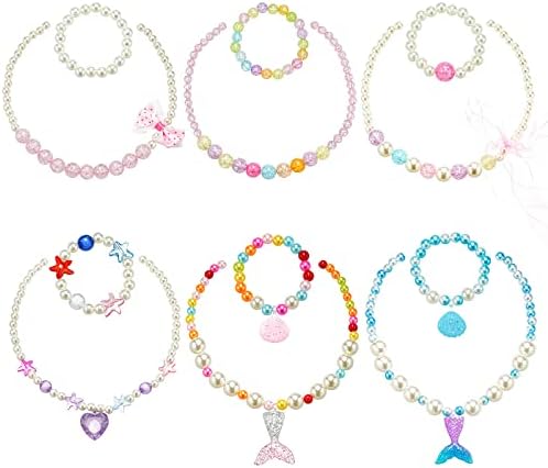 6 Set Necklace Bracelet Little Girls Princess with Play Jewelry Kit Mermaid Pendant Kids Stretchy Chunky Accessories Dress Up Costume for Toddler Christmas Cosplay Halloween Birthday with Gift Box