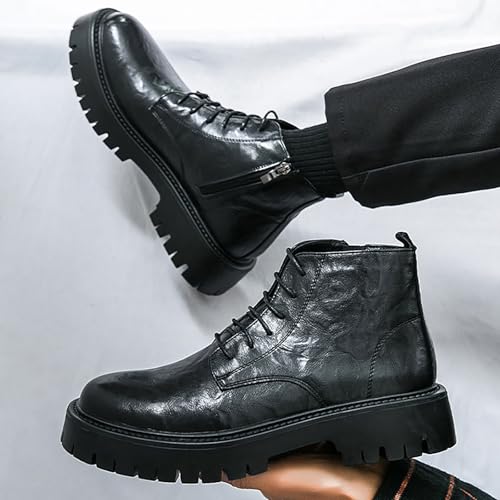 Men'S Leather Platform Chunky Low Heel Oxford Chukka Boots With Side Zipper Vintage Round Toe Lug Sole Non-Slip Lace-Up Business Dress Ankle Boots Casual Combat Boots For Work Office3