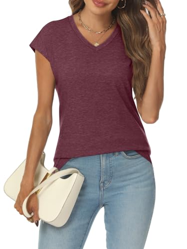 AUTOMET V Neck T Shirts for Women Spring Summer Fall Tops Teacher Work Business Dressy Casual Blouses Basic Tees Boho Fashion WineRed L - Image 5
