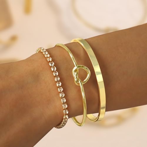 Gold Bangle Cuff Knot Bracelet for Women Stack Non Tarnish 14k Gold Plated Dainty Cubic Zirconia Tennis Bracelets Jewelry Set for Women Trendy3