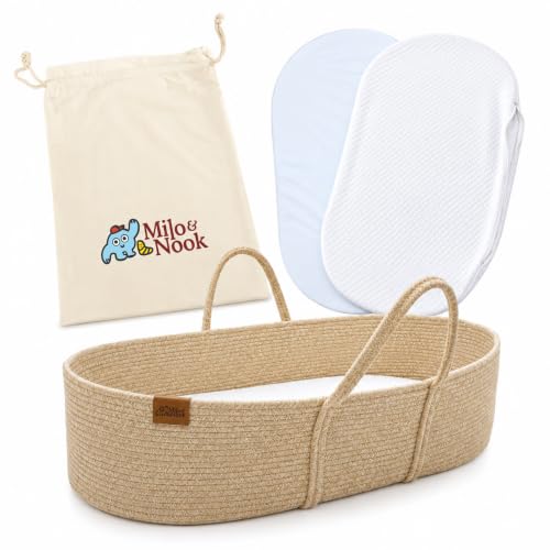 Milo & Nook Baby Changing Basket with Pad – Soft Cotton Moses Basket best moses basket for newborn Milo & Nook Baby Changing Basket with Pad – Soft Cotton Moses Basket