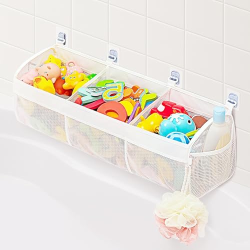 JUSJUBR Bath Toy Storage Net 3 Compartment Hanging Plaything Storage Bag Bath Gametoy Tidy for Accessing & Sorting 2 Side Pocket and 4 Strong Suction Hooks