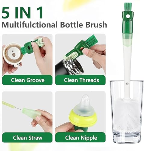 Image of 5 in 1 Bottle Cleaner Brush with 14 Inch Long Handle Washing Bottle Cleaning Brushes for Narrow Neck Water Bottles Tumblers Straws Coffee Mugs Sport Bottles Flasks and Thermos Lid Cup Brush