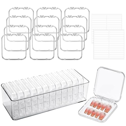 wordmouk 12 Pièces Boîtes de Rangement pour Ongles (8.5 x 8.5 CM) 60 Ruban Adhésif Double Face 1 Grande Boîte Ensemble Faux Ongles Boîtes d'Emballage...