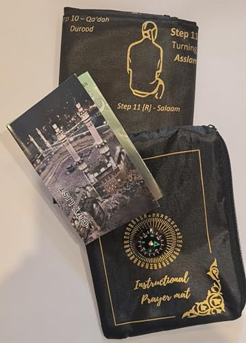 Goodword Praying Rug Travel Prayer Mat Compass Pocket Sized Carry Islamic Prayer Rug Muslim Prayer Mat Janamaz Sajadah Muslim How to Pray Salat Instructional Portable (Black - Gold Print)