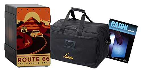 XDrum Design Series Cajon Route 66 Set - Cajon design avec impression vintage - Bass port intégré - Corps en HPL effet caisse à bananes - Effet snare - incl. sac et école de cajon