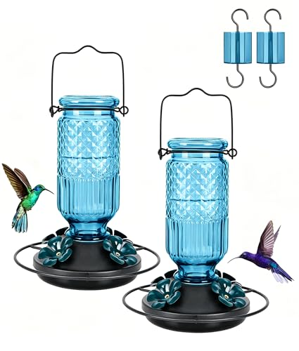 FEED GARDEN Glass Hummingbird Feeder for Outdoors Hanging 16 OZ Humming Bird Feeders with 4 Bee Guard Feeding Ports & Built-in Ant Moat Hummingbird Gifts for Mom Bird Feeder for Outside Blue 2 Pack