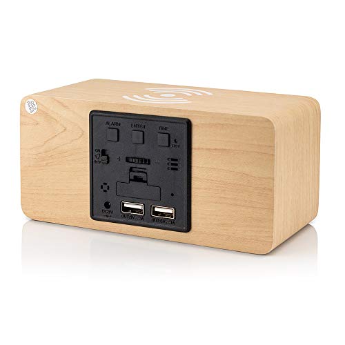 Oct17 Wooden Alarm Clock With Qi Wireless Charging Pad Compatible With Iphone Samsung Wood Led Digital Clock Sound Control Function, Time Date, Temperature Display For Bedroom Office Home - Wood #TOP2