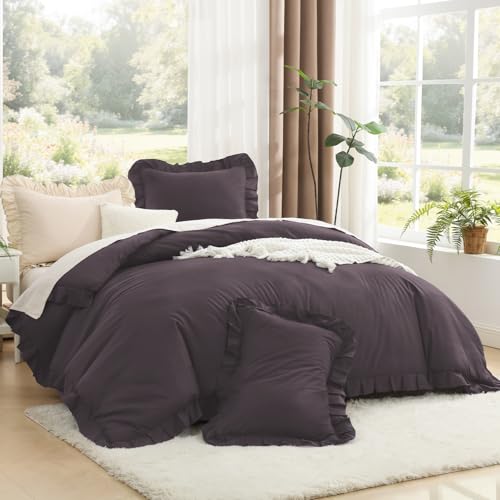 Image of Litanika Ruffle Twin Comforter Set, 2 Pieces Purple Farmhouse Aesthetic Bedding Comforter Sets for Girls Women Kids, All Season Soft Lightweight Fluffy Bedding Set(66x90In Comforter, 1 Pillowcase)