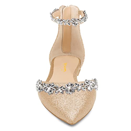 Image of XYD Women Classic Pointed Toe D'Orsay Wedding Flat Sandals Sparkly Rhinestones Ankle Strap Low Heel Dress Shoes with Zipper