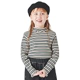 [ever closet] 長袖 Tシャツ キッズ 子供 女の子 秋冬 トップス [ グリーンボーダー 120 ] ハイネック フリル かわいい 秋服 通園 通学 子供服 キッズ服 エバークローゼット