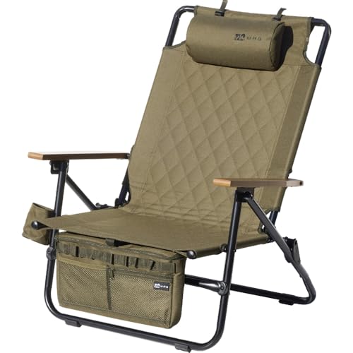 WAQ Reclining Low Chair リクライニングローチェア キャンプチェア アウトドアチェア WAQ-RLC1 折りたたみチェア リクライニングチェア アウトドア 焚き火 アイアン ドリンクホルダー ヘッドレスト (ハイバック(OLIVE))（Amazon）