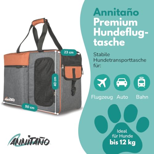 Annitaño Premium Hundeflugtasche 55x40x23 cm EUWI | Hundetasche Flugzeug & Reise wasserabweisend & belastbar bis 12 kg | stabile Hundetransporttasche mit Rucksackfunktion &Trolley-Befestigung