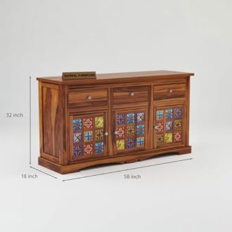 Handcrafted Handcrafted Solid Sheesham Wood Wooden Sideboards & Chest Fo Drawer with 3 Drawers and 6 Shelves for Living Room or Bedroom Storage (Boho, Honey Finish)