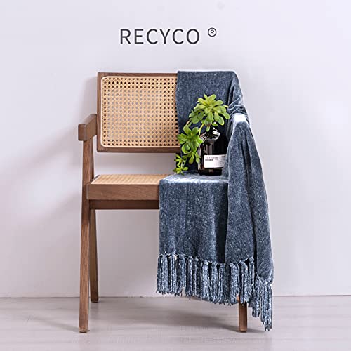 Recyco Throw Blanket Soft Cozy Chenille Throw Blanket With Fringe Tassel For Couch Sofa Chair Bed Living Room Gift (Dusty Blue, 50'' X 60'') #TOP1