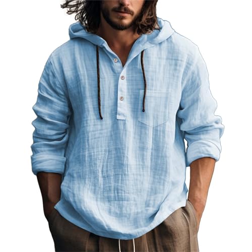 Camisa de lino para hombre de 2026 para hombre, a la moda, color liso, con capucha, de manga larga, abrigo informal de lino para verano, azul celeste, S