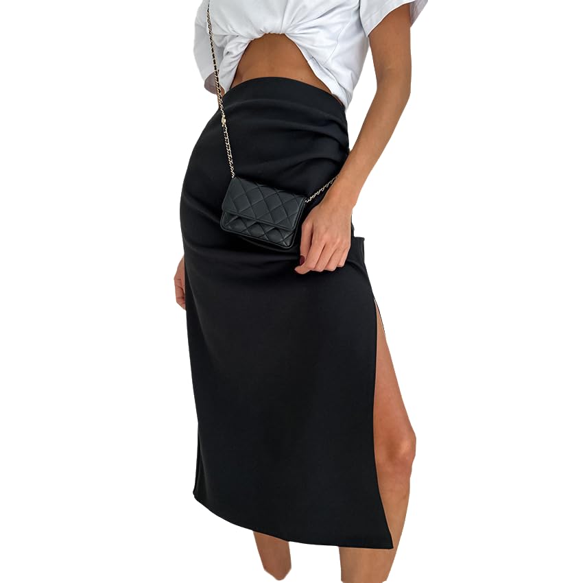 THLAI Womens Skirt Midi Skirt Package Hip Skirt Side Slit Pleated Straight Skirts Fall Skirt