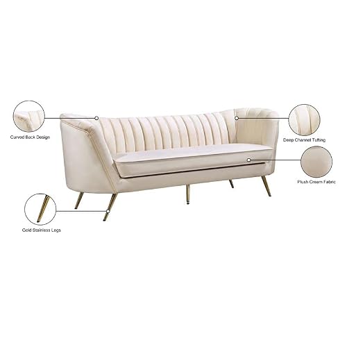 Meridian Furniture Margo Collection Modern | Contemporary Velvet Upholstered Sofa With Deep Channel Tufting And Rich Gold Stainless Steel Legs, Cream, 88" W X 30" D X 33" H #TOP4